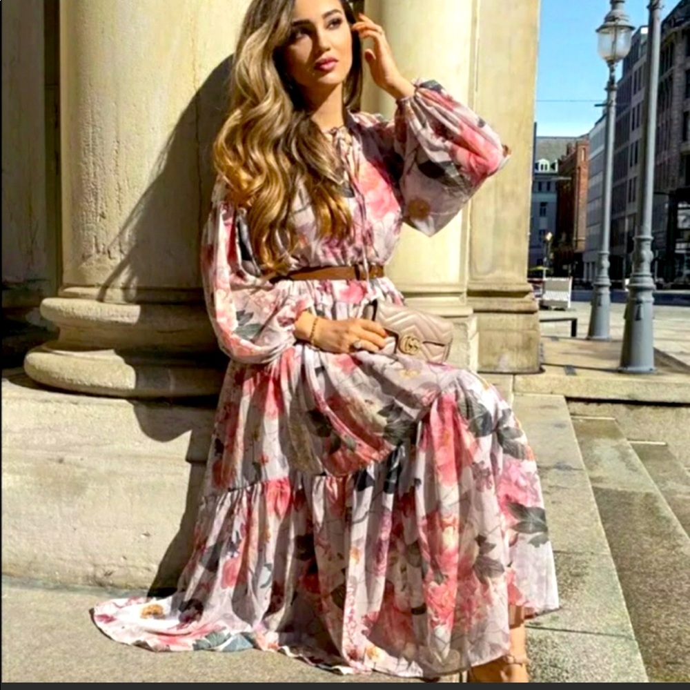 H&M CONSCIOUS Maxi Midi Pink FLORAL CHIFFON DRESS